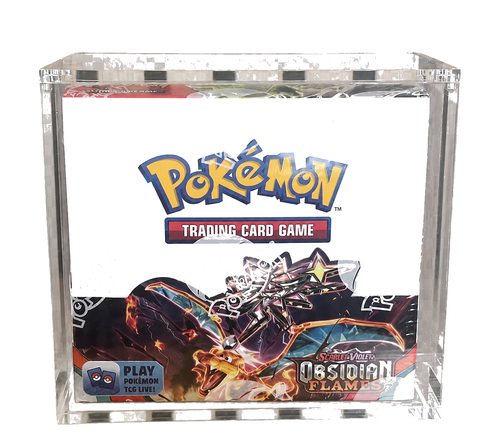 718TCG acrylic display case with a sealed Pokémon TCG booster box (Scarlet & Violet: Obsidian Flames) inside